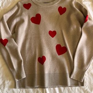 Tahari Tan Sweater with Red Heart Accents